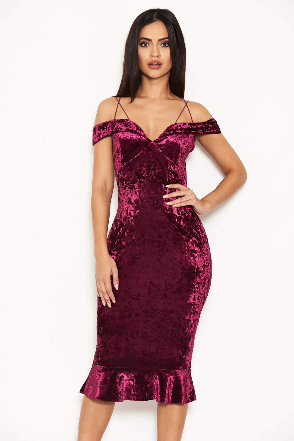 Plum Velvet Off The Shoulder Midi Dress With Frill Hem - Image 4