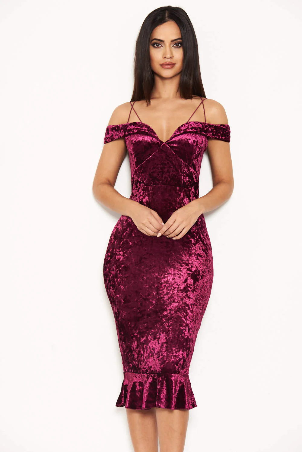 Plum Velvet Off The Shoulder Midi Dress With Frill Hem - Image 5