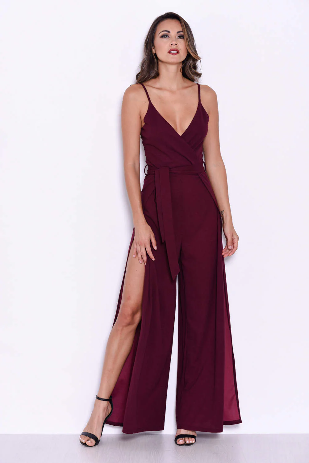 Plum Wide Leg Thigh Split Jumpsuit - Image 2