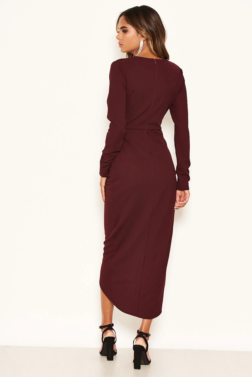 Plum Wrap Bodycon Ruched Dress - Image 3