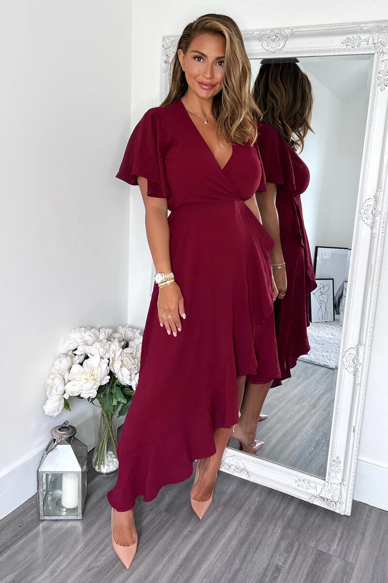 Plum Wrap Over Top Frill Hem Midi Dress - Image 2