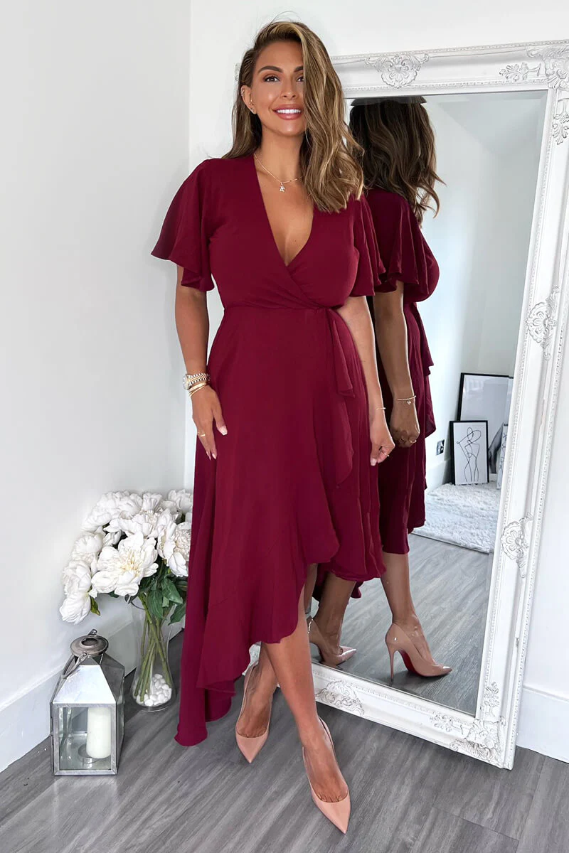 Plum Wrap Over Top Frill Hem Midi Dress - Image 3