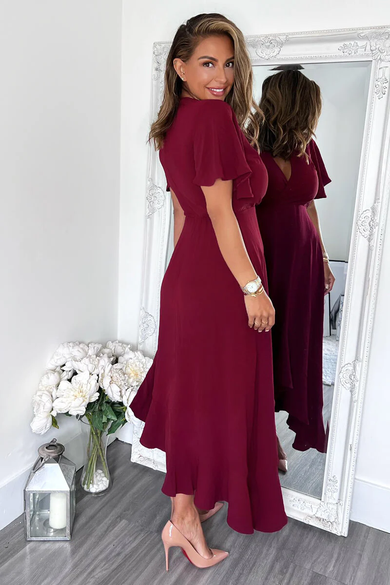 Plum Wrap Over Top Frill Hem Midi Dress - Image 4