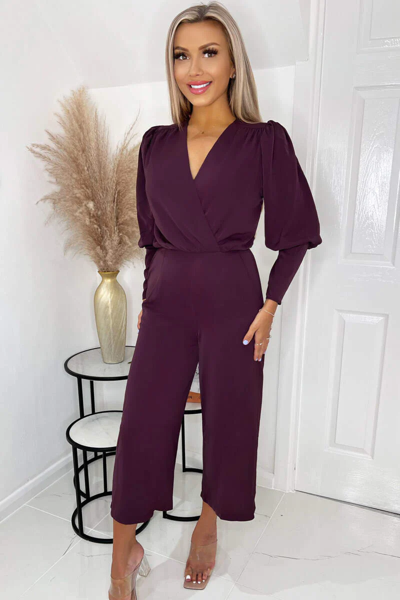 Plum Wrap Top Long Sleeve Culotte Jumpsuit - Image 2