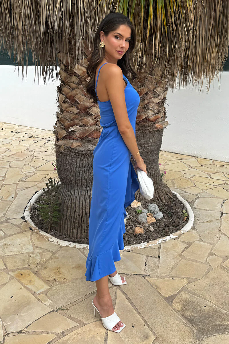 Powder Blue Racer Neck High Low Frill Hem Midi Dress - Image 4
