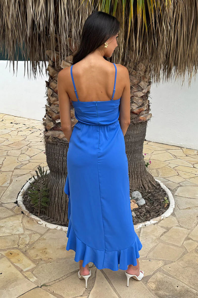 Powder Blue Racer Neck High Low Frill Hem Midi Dress - Image 5