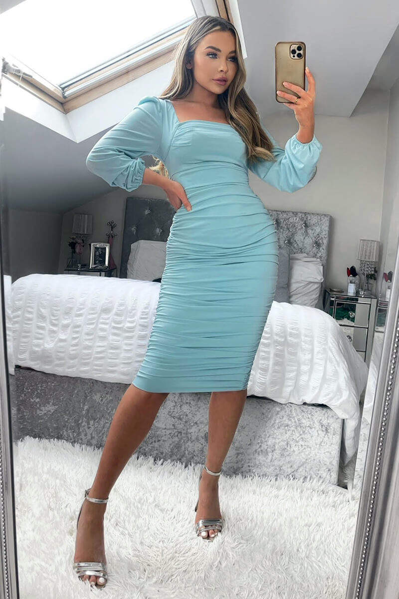Powder Blue Square Neck Ruched Long Sleeve Midi Dress - Image 3