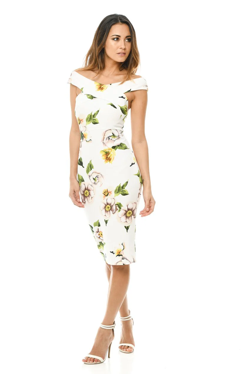 Printed Off Shoulder Cross Midi Dress - Image 2