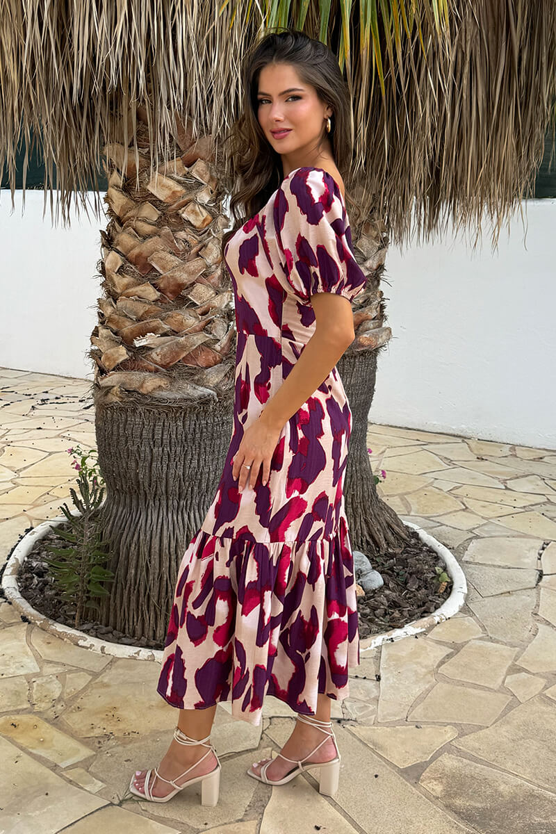 Purple And Cream Animal Print Puff Sleeve Smock Midi Dress - Image 4