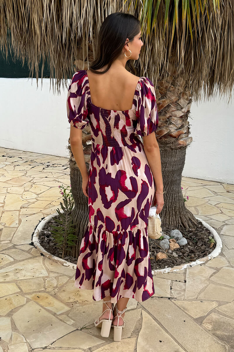 Purple And Cream Animal Print Puff Sleeve Smock Midi Dress - Image 5