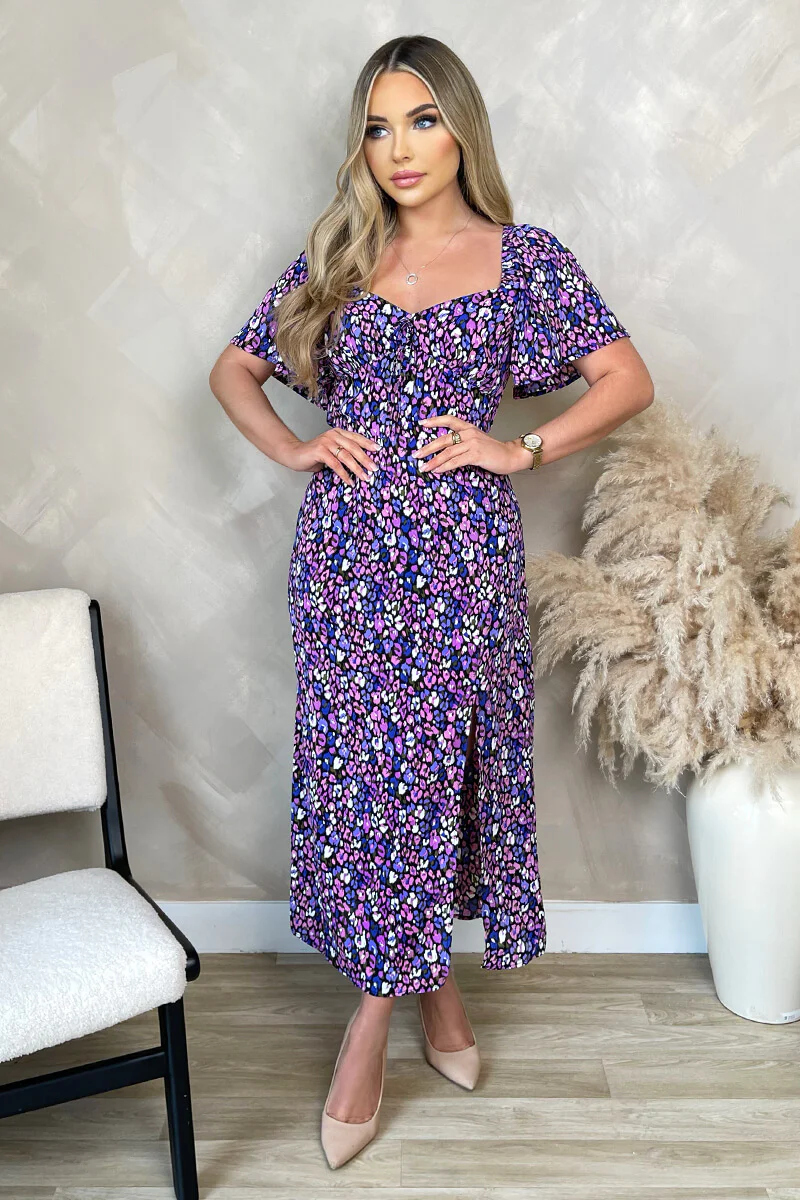 Purple Animal Print Short Sleeve Tie Front Midi Dress - Image 2