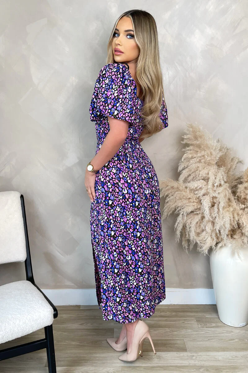 Purple Animal Print Short Sleeve Tie Front Midi Dress - Image 4