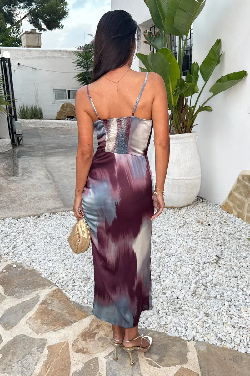 Purple Smudge Print Ruched Side Strappy Midi Dress - Image 5
