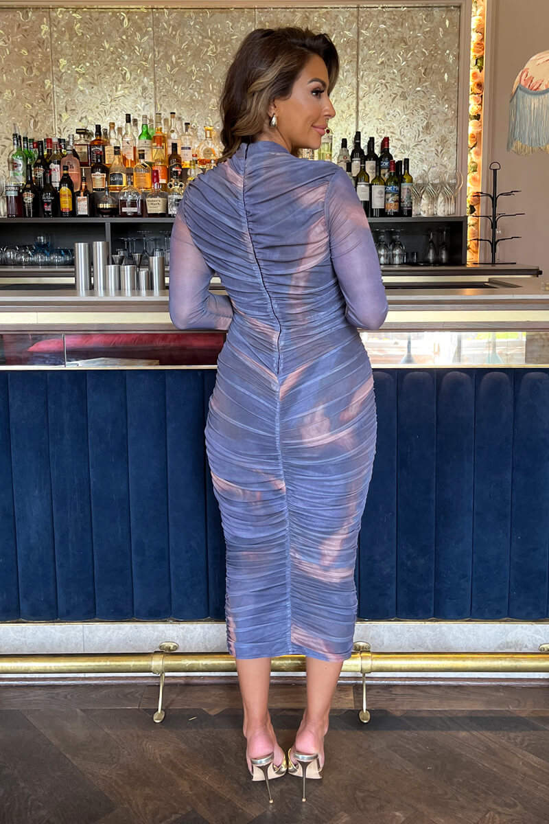Purple Tie Dye Print High Neck Long Sleeve Ruched Midi Dress - Image 3