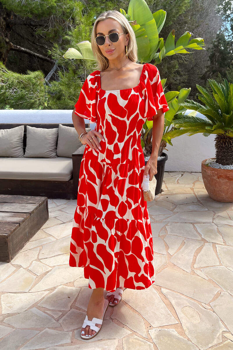 Red Abstract Print Shirred Waist Smock Midi Dress - Image 2