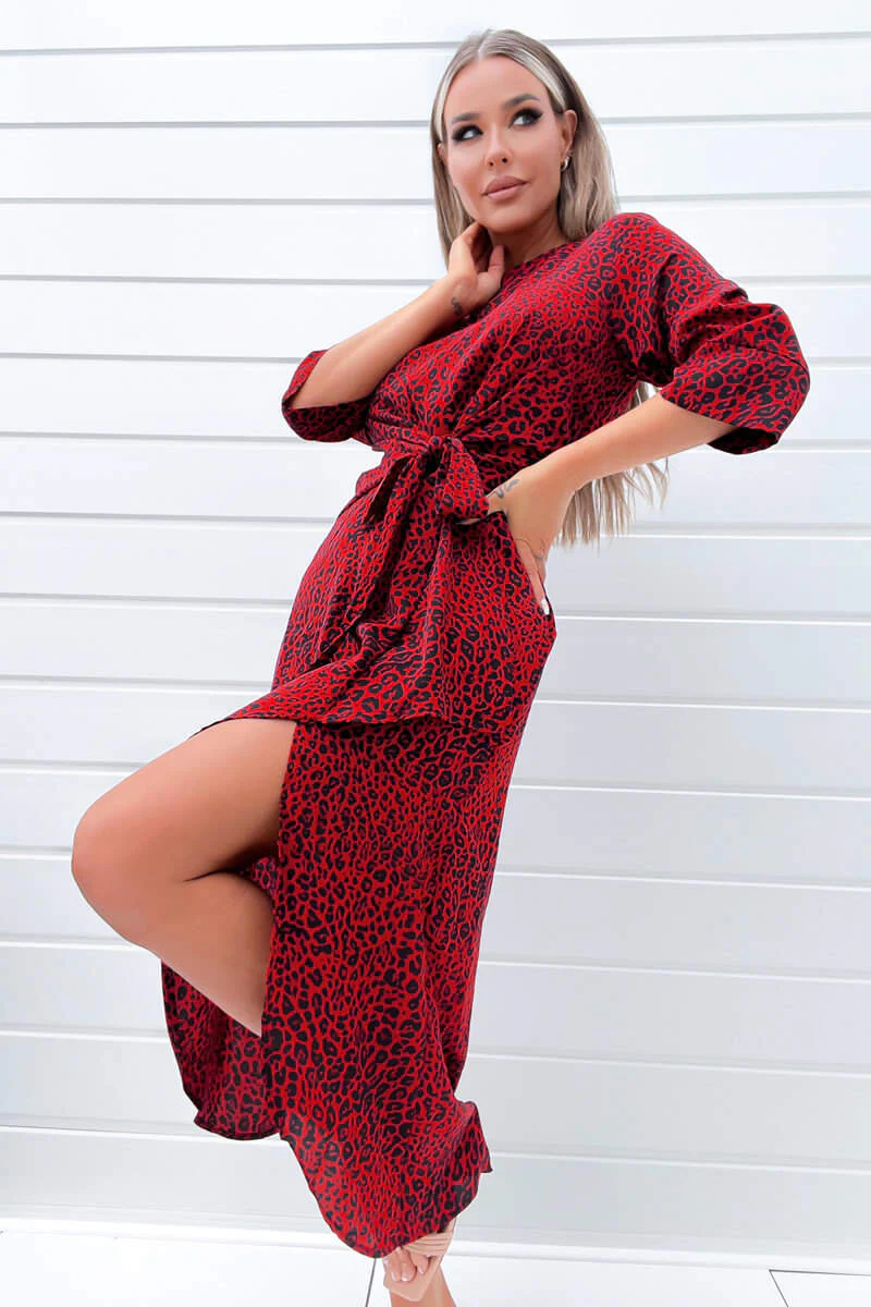 Red and Black Animal Print Tie Front Midi Dress - Image 3