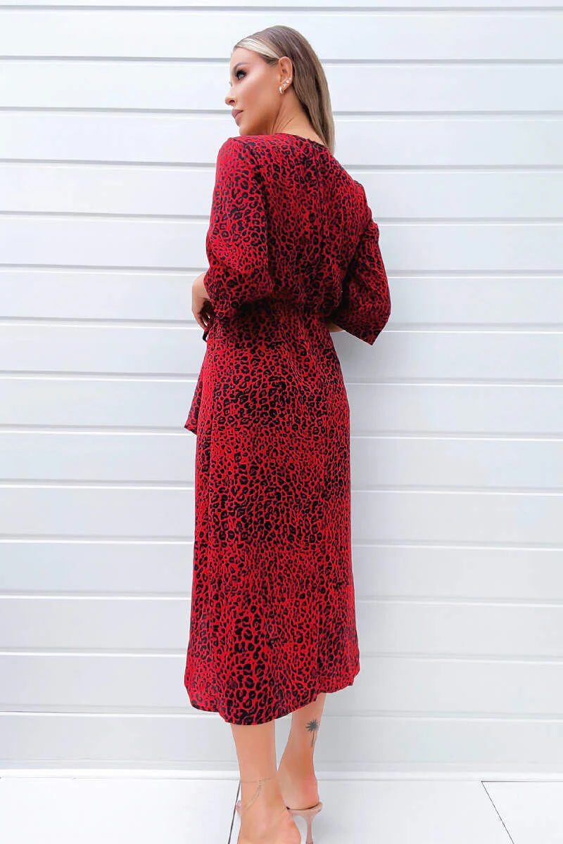 Red and Black Animal Print Tie Front Midi Dress - Image 4