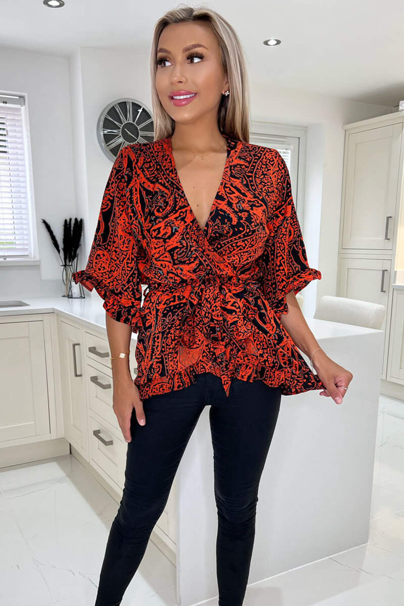 Red And Black Printed Frill Hem Wrap Top - Image 4