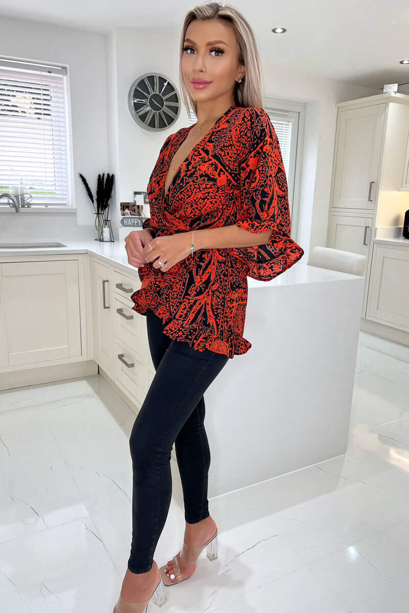 Red And Black Printed Frill Hem Wrap Top - Image 5