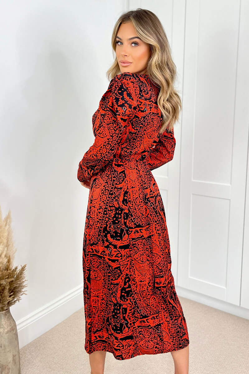 Red And Black Printed Long Sleeve Midi Dress - Image 5