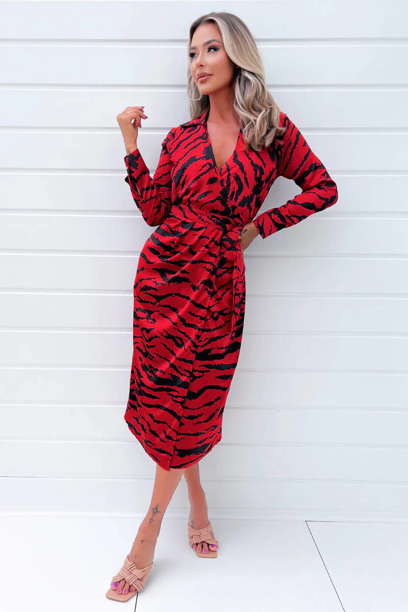 Red And Black Printed Long Sleeve Wrap Belted Midi Dress - Image 2