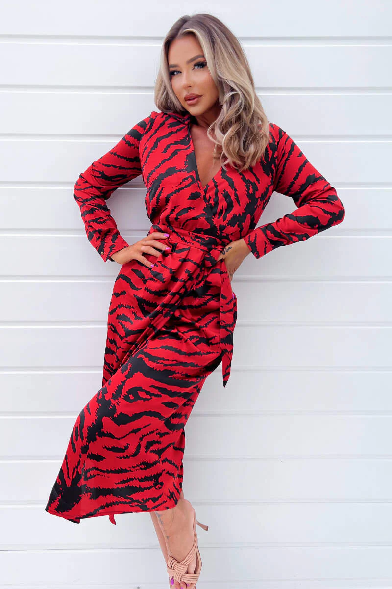Red And Black Printed Long Sleeve Wrap Belted Midi Dress - Image 3