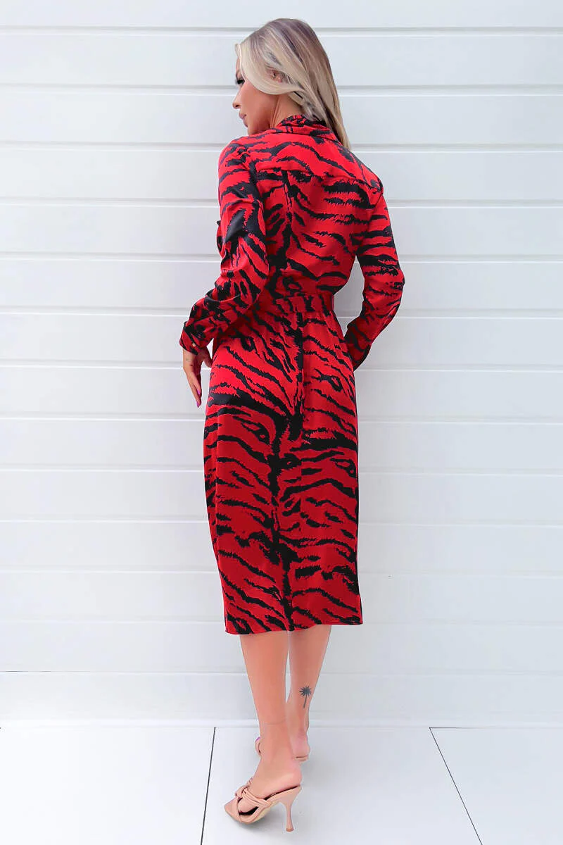 Red And Black Printed Long Sleeve Wrap Belted Midi Dress - Image 4