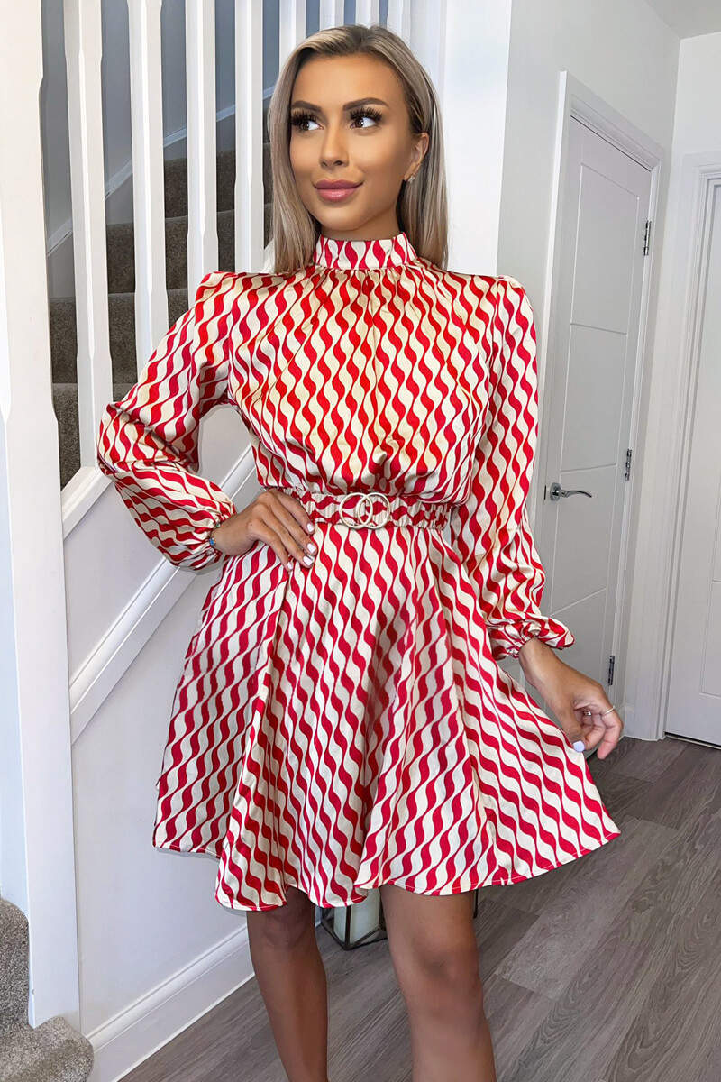 Red and Stone Printed Long Sleeve Skater Dress - Image 3