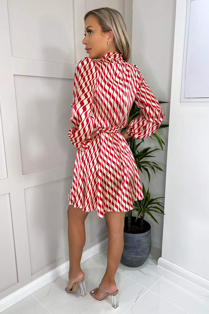 Red and Stone Printed Long Sleeve Skater Dress - Image 5