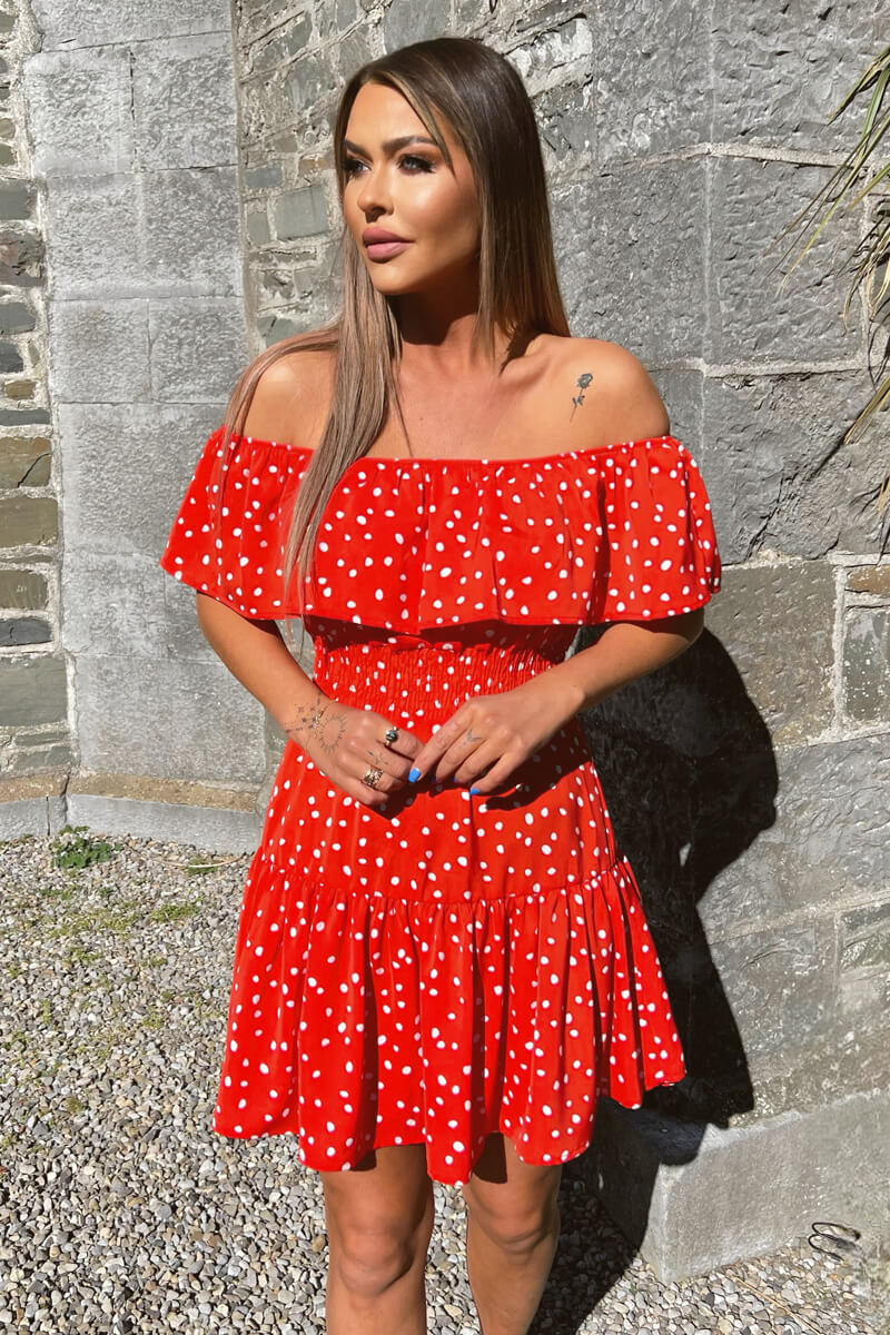 Red And White Polka Dot Bardot Style Mini Dress - Image 2