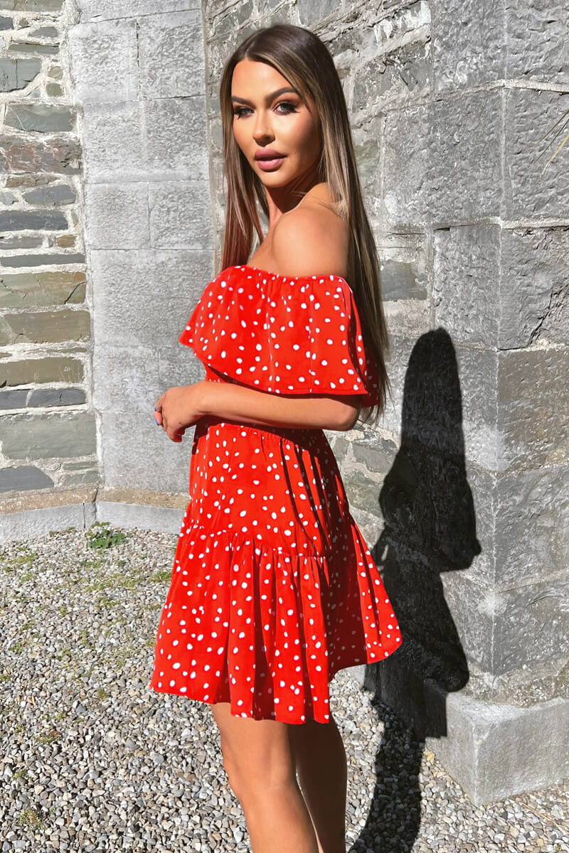 Red And White Polka Dot Bardot Style Mini Dress - Image 3