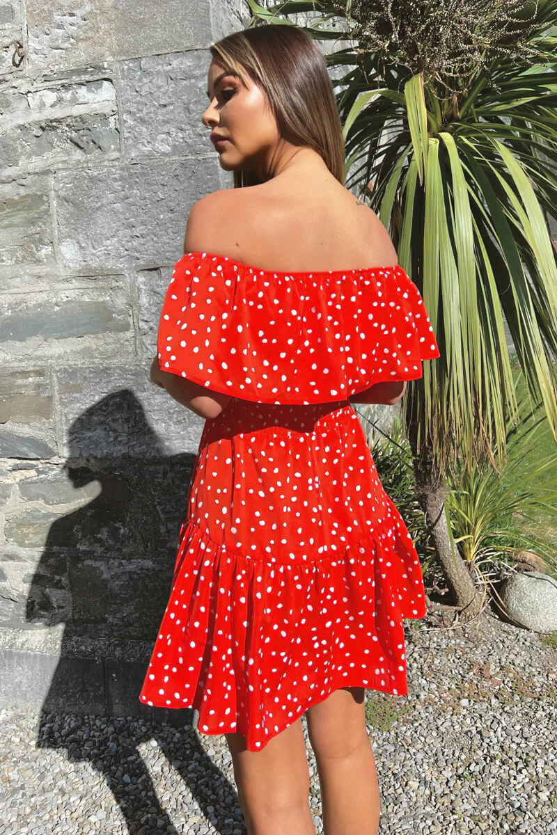Red And White Polka Dot Bardot Style Mini Dress - Image 4