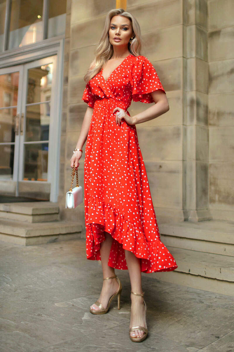 Red And White Polka Dot Printed High Low Midi Dress - Image 3