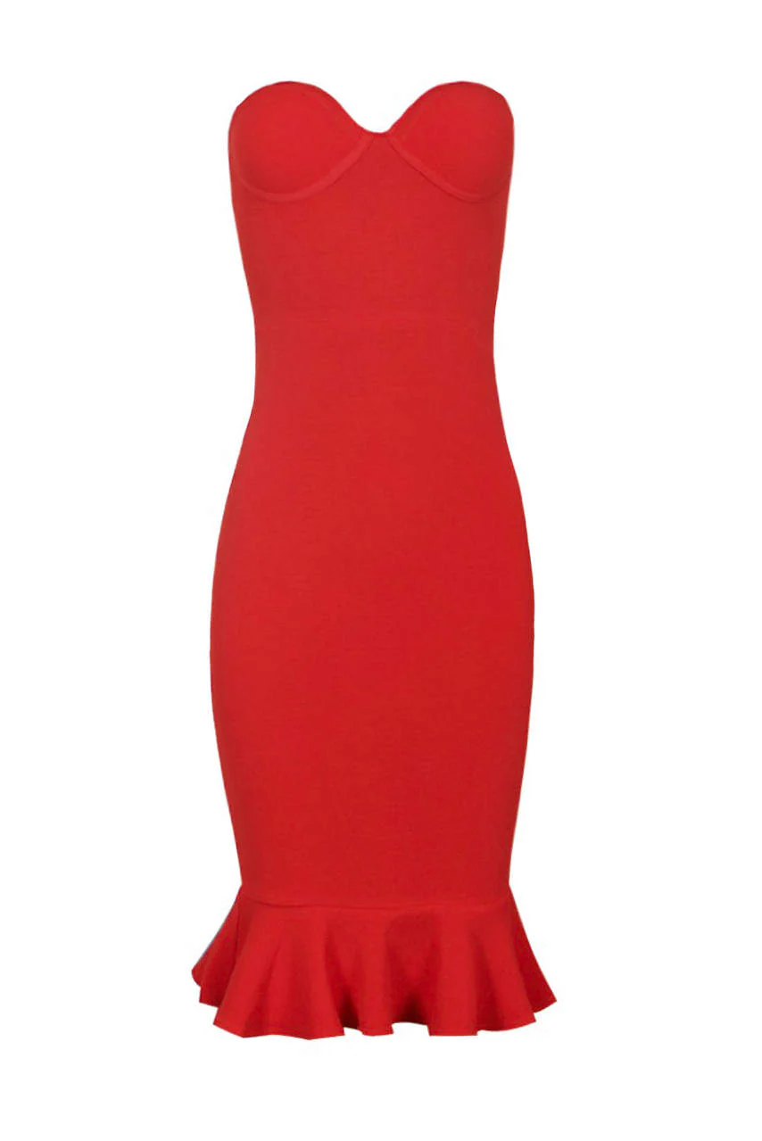 Red Bandeau Frill Hem Dress - Image 4