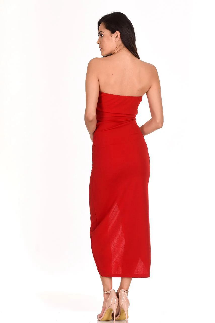 Red Bardot Frill Detail Midi Dress - Image 3