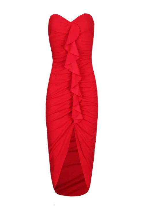 Red Bardot Frill Detail Midi Dress - Image 4