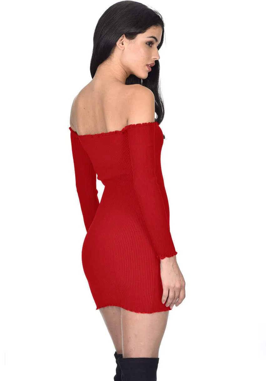 Red Bardot Ruffle Detail Knit Dress - Image 3