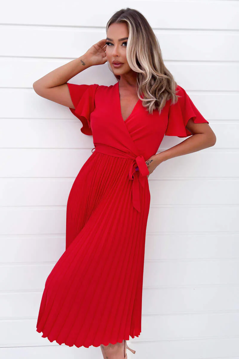Red Belted Pleated Skirt Midi Dress - Image 3