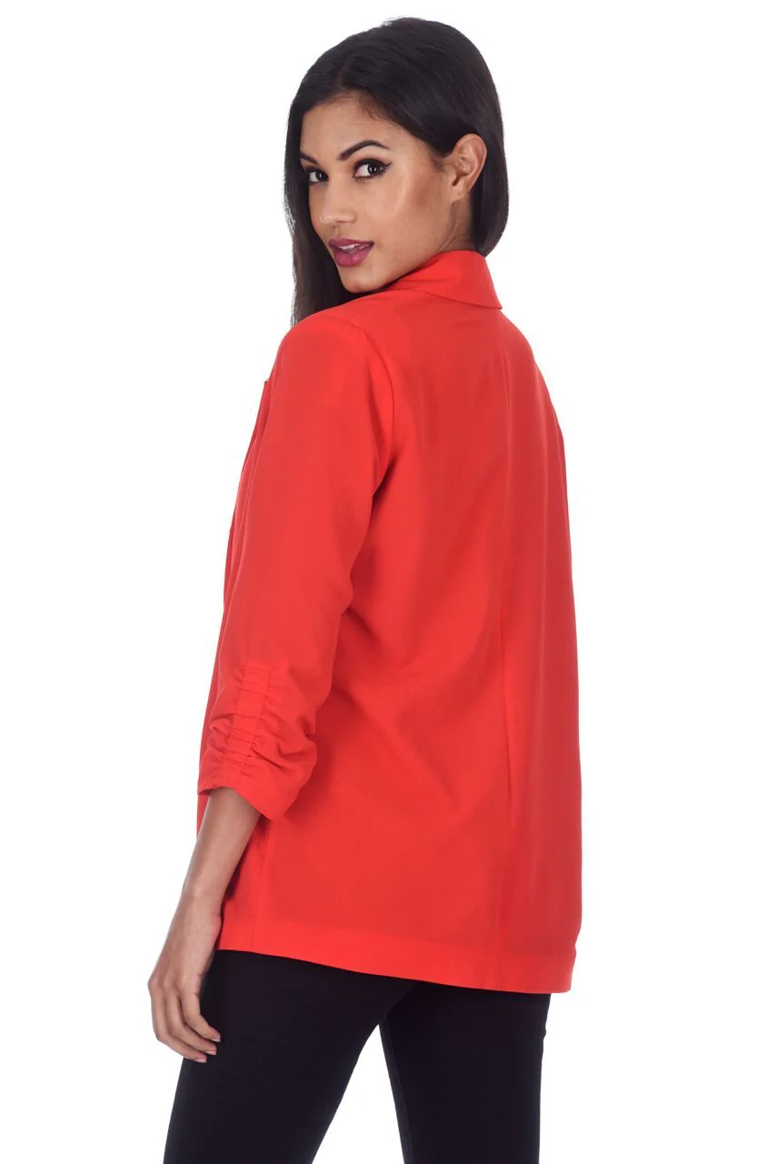 Red Blazer Jacket With Ruched Sleeves - Image 3