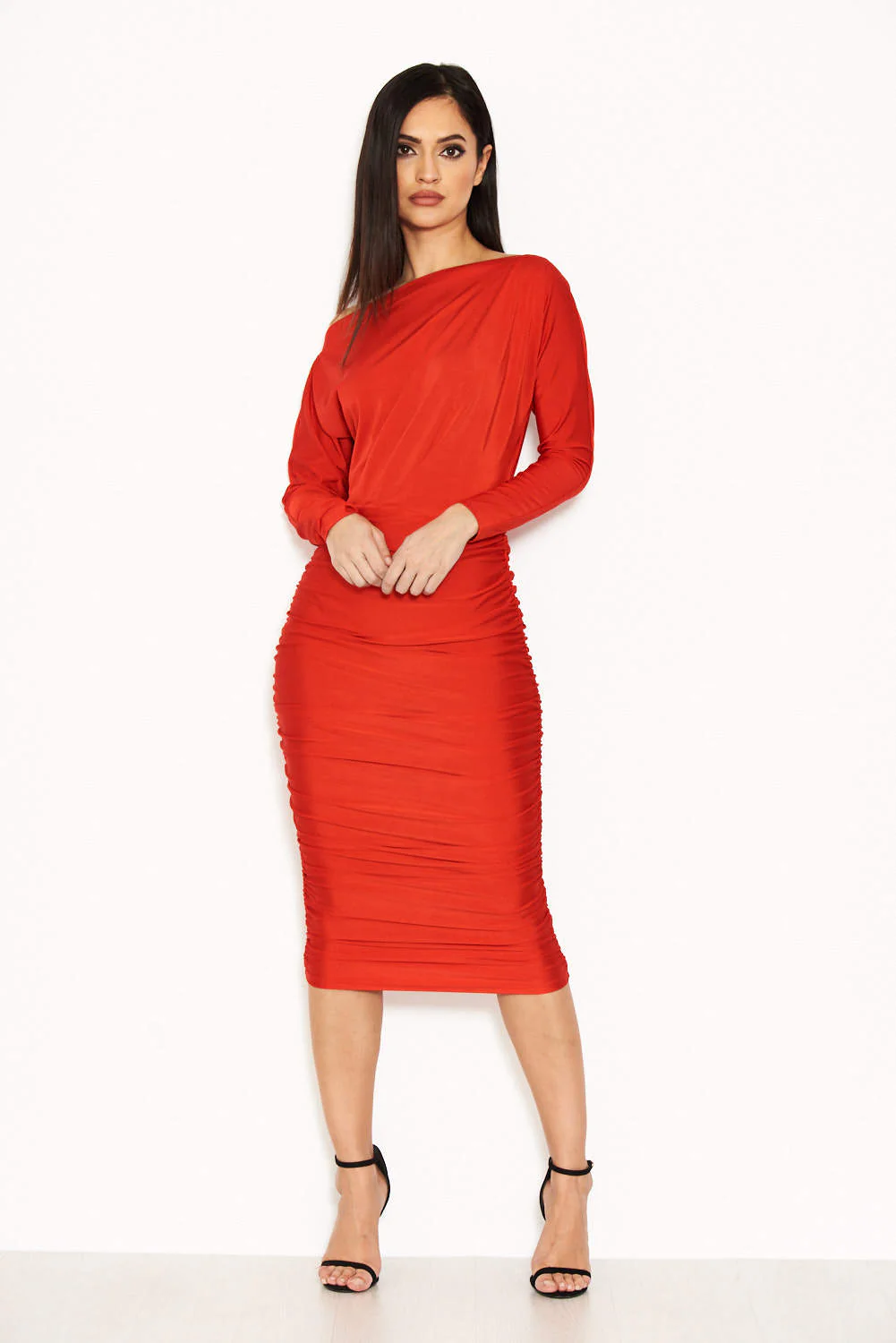 Red Boat Neck Dress With Ruched Detail - Image 2