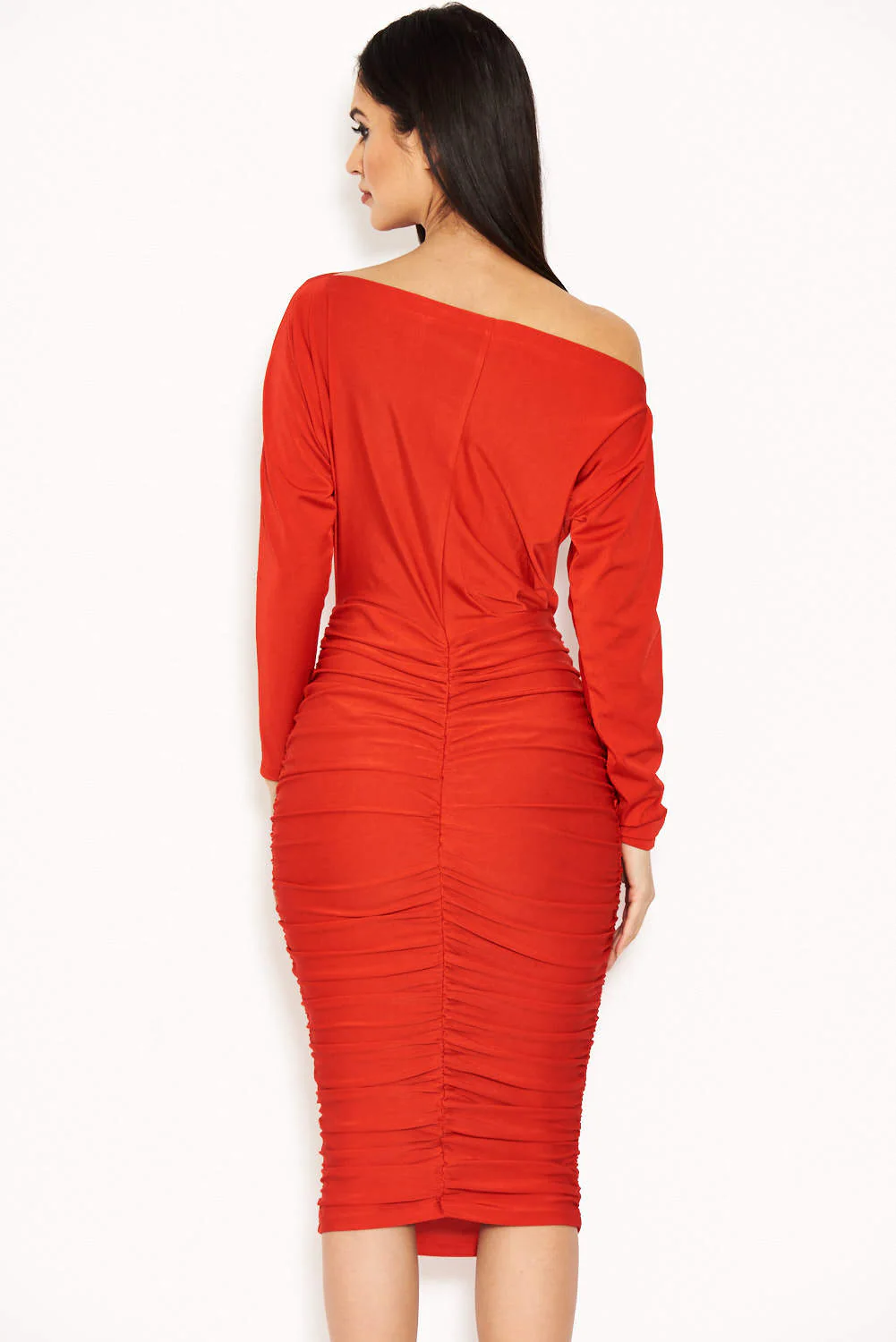 Red Boat Neck Dress With Ruched Detail - Image 3