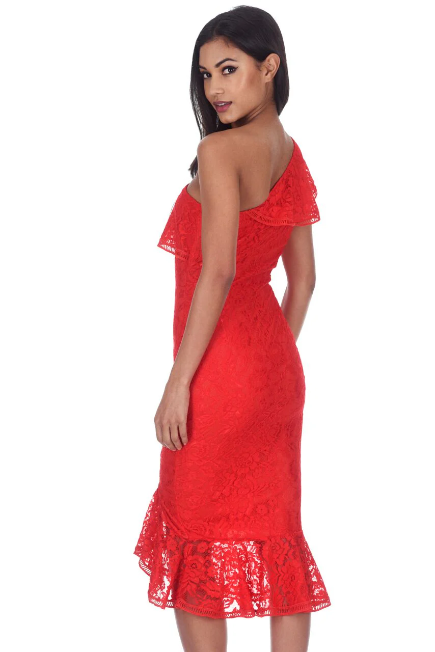 Red Bodycon Frill One Shoulder Midi Dress - Image 3