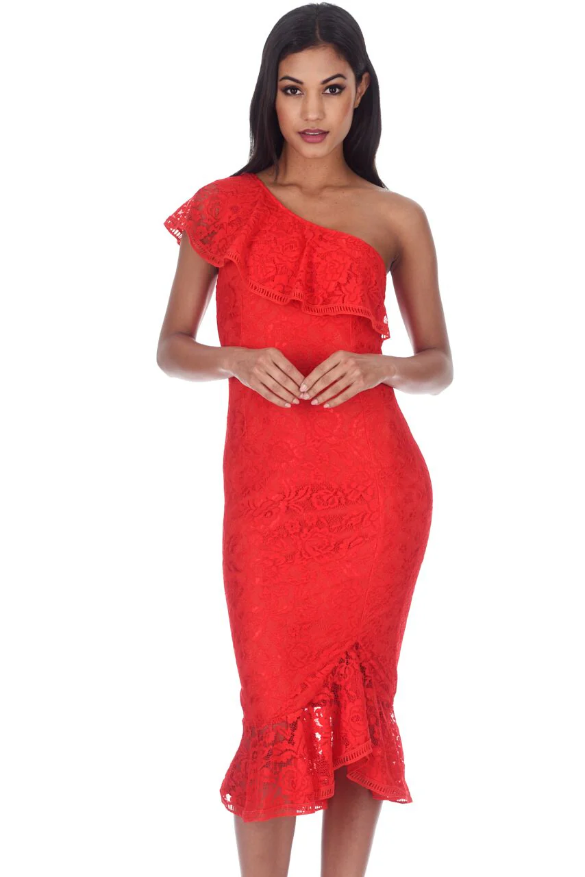 Red Bodycon Frill One Shoulder Midi Dress - Image 4