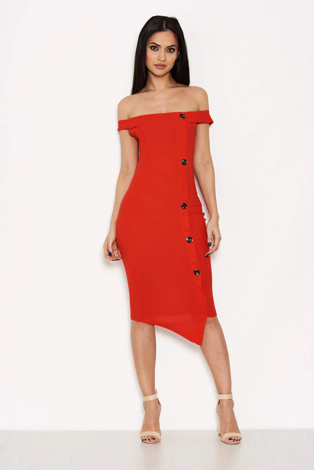 Red Button Front Bardot Dress - Image 2