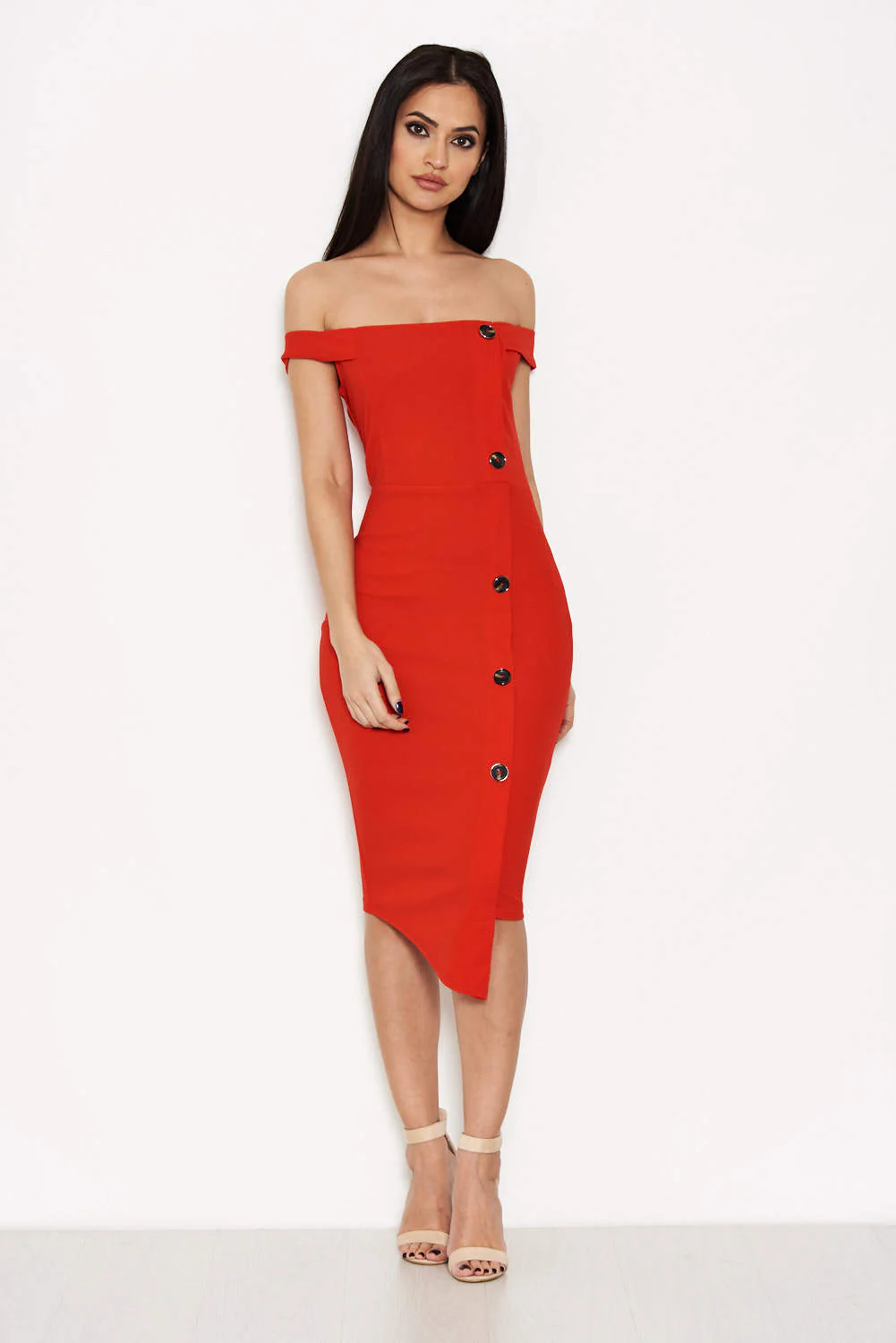 Red Button Front Bardot Dress - Image 4