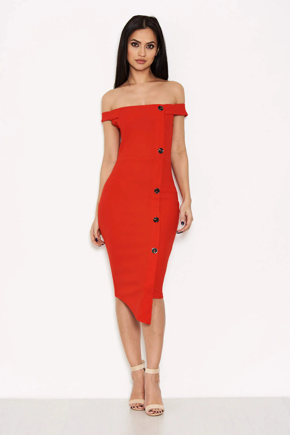 Red Button Front Bardot Dress - Image 5