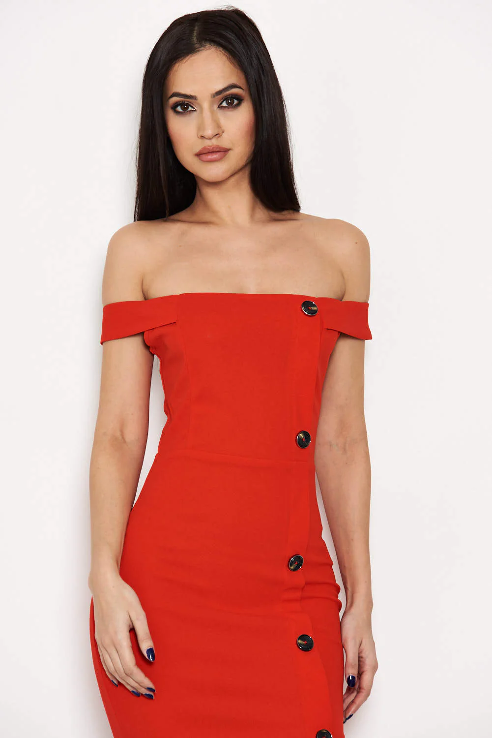 Red Button Front Bardot Dress - Image 6