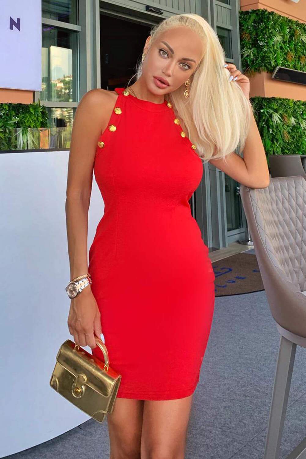 Red Button Front High Neck Dress - Image 2