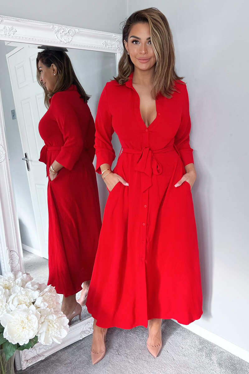Red Button Up Midi Shirt Dress - Image 2