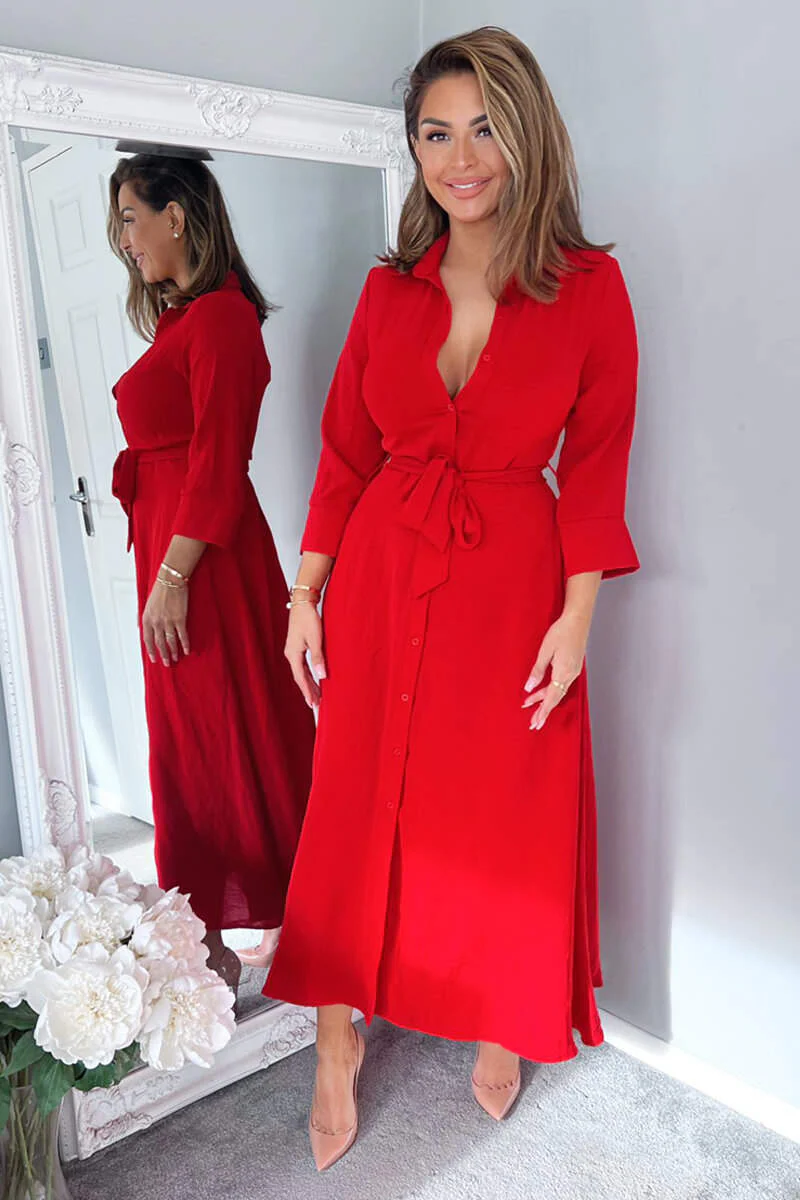 Red Button Up Midi Shirt Dress - Image 3